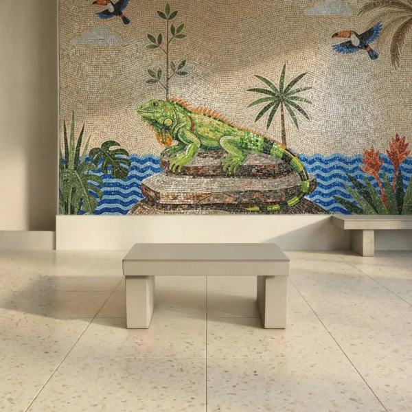 Emerald Oasis Iguana Mosaic mural used as a luxury lobby feature wall with tropical wildlife and blue water mosaic design.