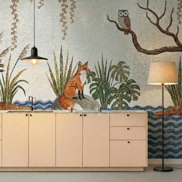 Woodland River Fox Mosaic used as a kitchen backsplash mural featuring wildlife, flowing blue river mosaic, and botanical details.