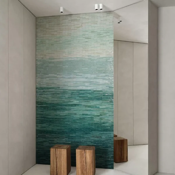Teal Ombre Mosaic Wall glass mosaic wall with slim horizontal mosaic tiles fading from pearl white to deep teal, modern feature wall for bathrooms and spas.