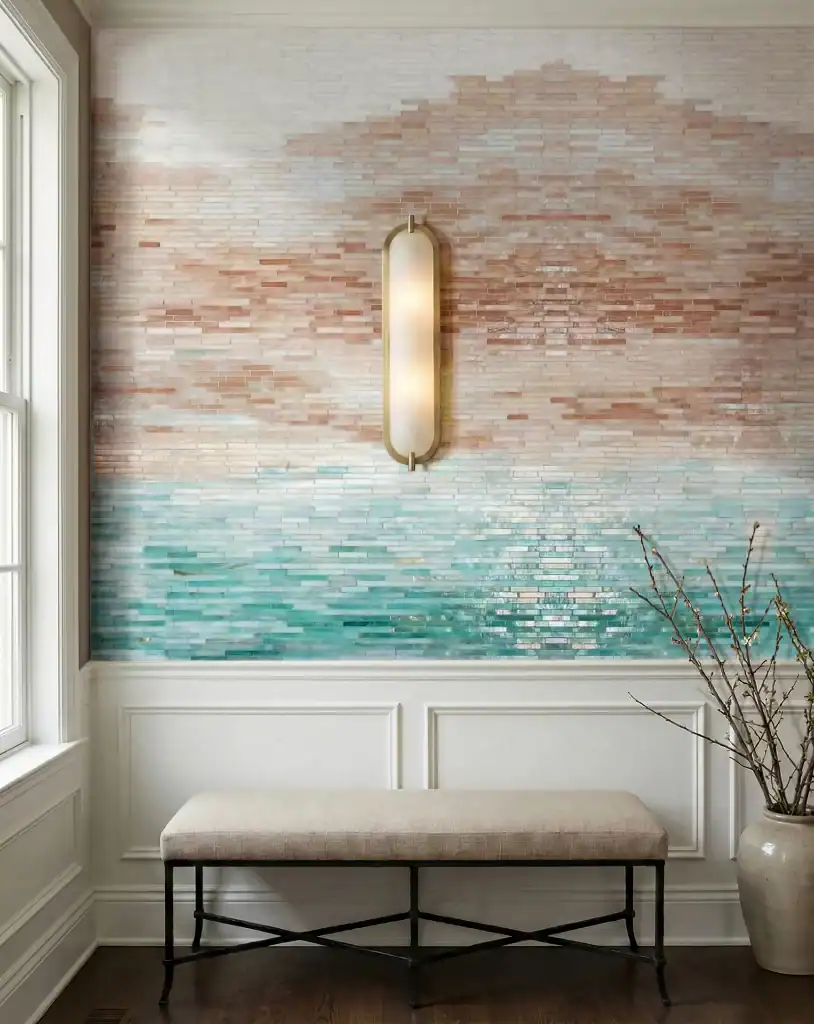 Horizontal stick tile feature wall with ombre gradient from blush and sand to aqua sea-glass tones, modern textured mosaic design.
