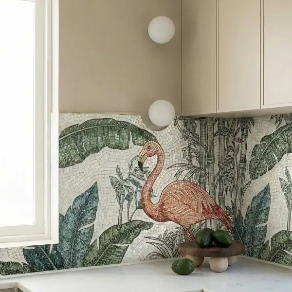 Emerald Tropic Flamingo Mosaic used as a kitchen backsplash featuring coral flamingo and green botanical mosaic design.