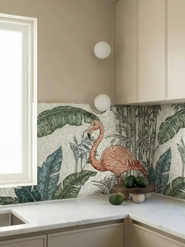 Emerald Tropic Flamingo Mosaic used as a kitchen backsplash featuring coral flamingo and green botanical mosaic design.