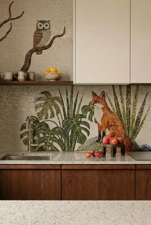 Woodland Whisper wildlife mosaic used as a kitchen backsplash featuring a fox, owl, and botanical design with earthy tones.