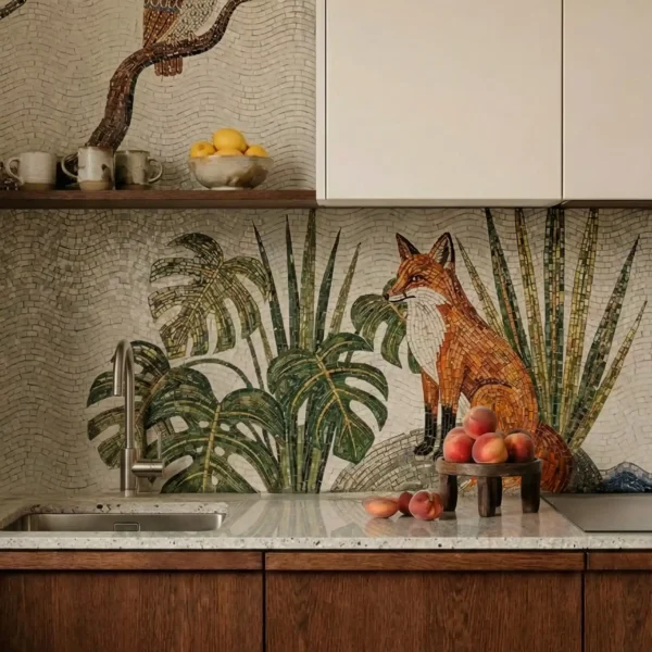 Woodland Whisper wildlife mosaic used as a kitchen backsplash featuring a fox, owl, and botanical design with earthy tones.