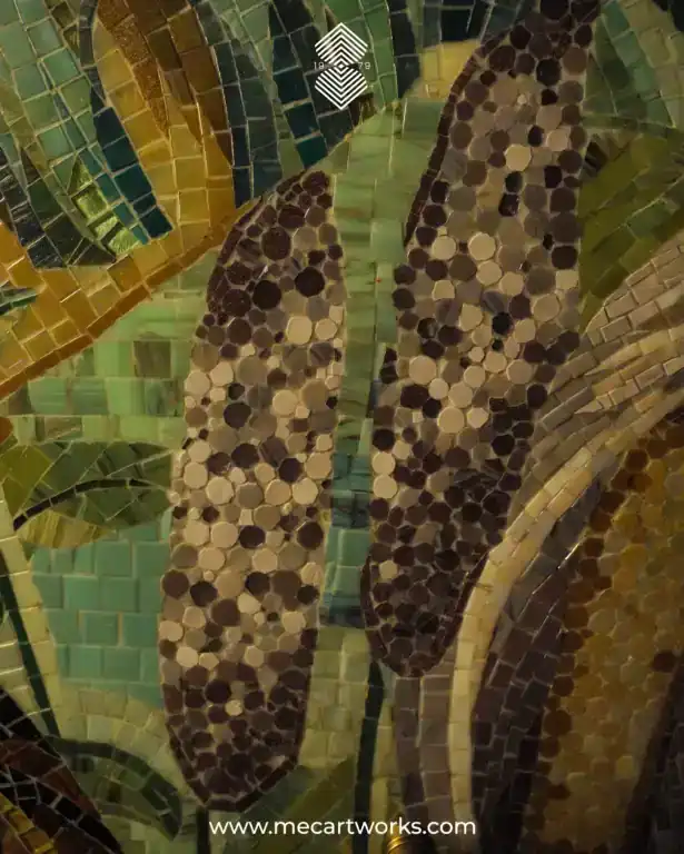 koi fish mosaic wall with glass and stone tiles in green, aqua and earthy tones, ideal for spa interiors, bathrooms and luxury feature walls