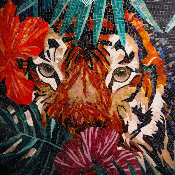 Artistic Tiger Face Mosaic colorful tiger mosaic wall with floral elements, glass and stone tiles in red, green and orange tones, ideal for luxury interiors and feature walls