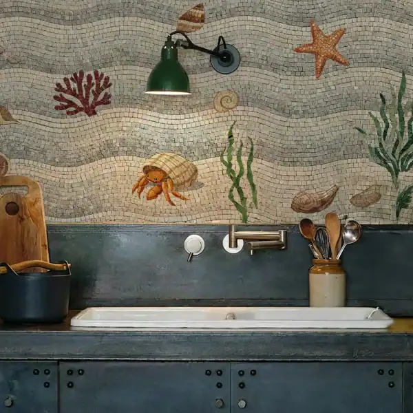 Beachcrest Mosaic used as a kitchen backsplash with wave pattern, starfish, seahorse, coral, and crab mosaic design.