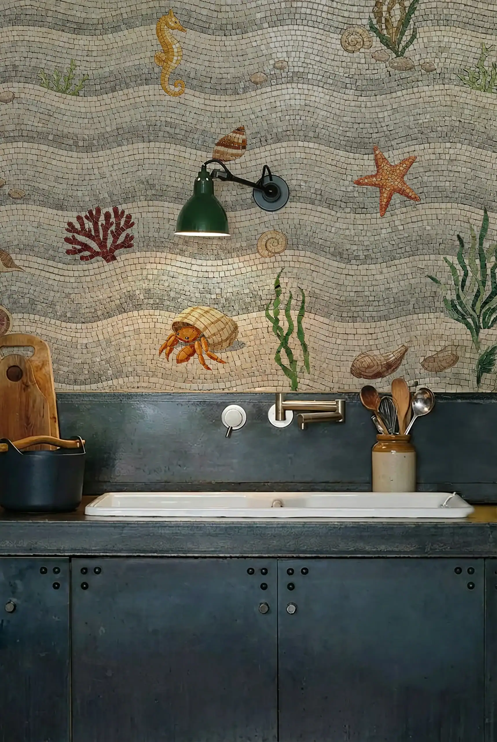 Beachcrest Mosaic used as a kitchen backsplash with wave pattern, starfish, seahorse, coral, and crab mosaic design.