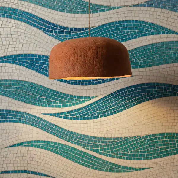 Blue Wave Harmony Mosaic Blue wave harmony Mosaic used as a modern feature wall with blue and white wave-pattern glass mosaic design.