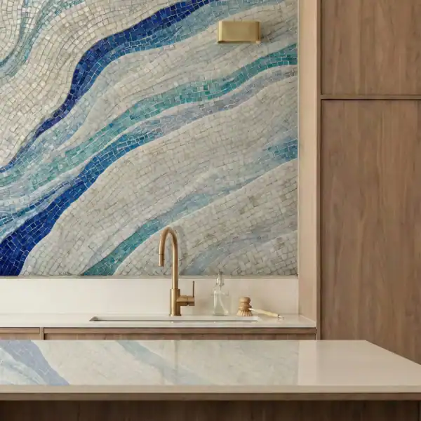 Azure Current Wave Mosaic backsplash with flowing blue glass mosaic bands, brass fixtures, and warm wood cabinetry.