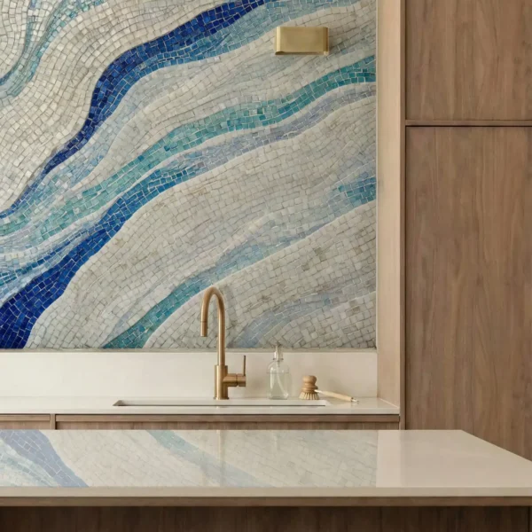 Cerulean Cascade Mosaic Wall Azure Current Wave Mosaic backsplash with flowing blue glass mosaic bands, brass fixtures, and warm wood cabinetry.