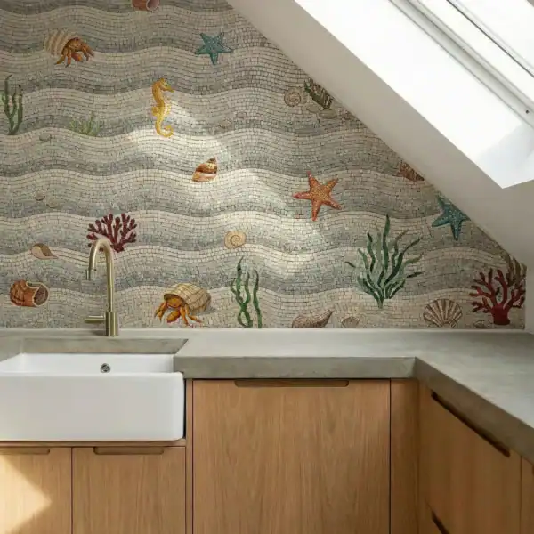 Coral Reef Shore Mosaic Backsplash Coastal Tides Marine Mosaic used as a kitchen backsplash with wave pattern, starfish, seahorse, coral, and shell mosaic design.