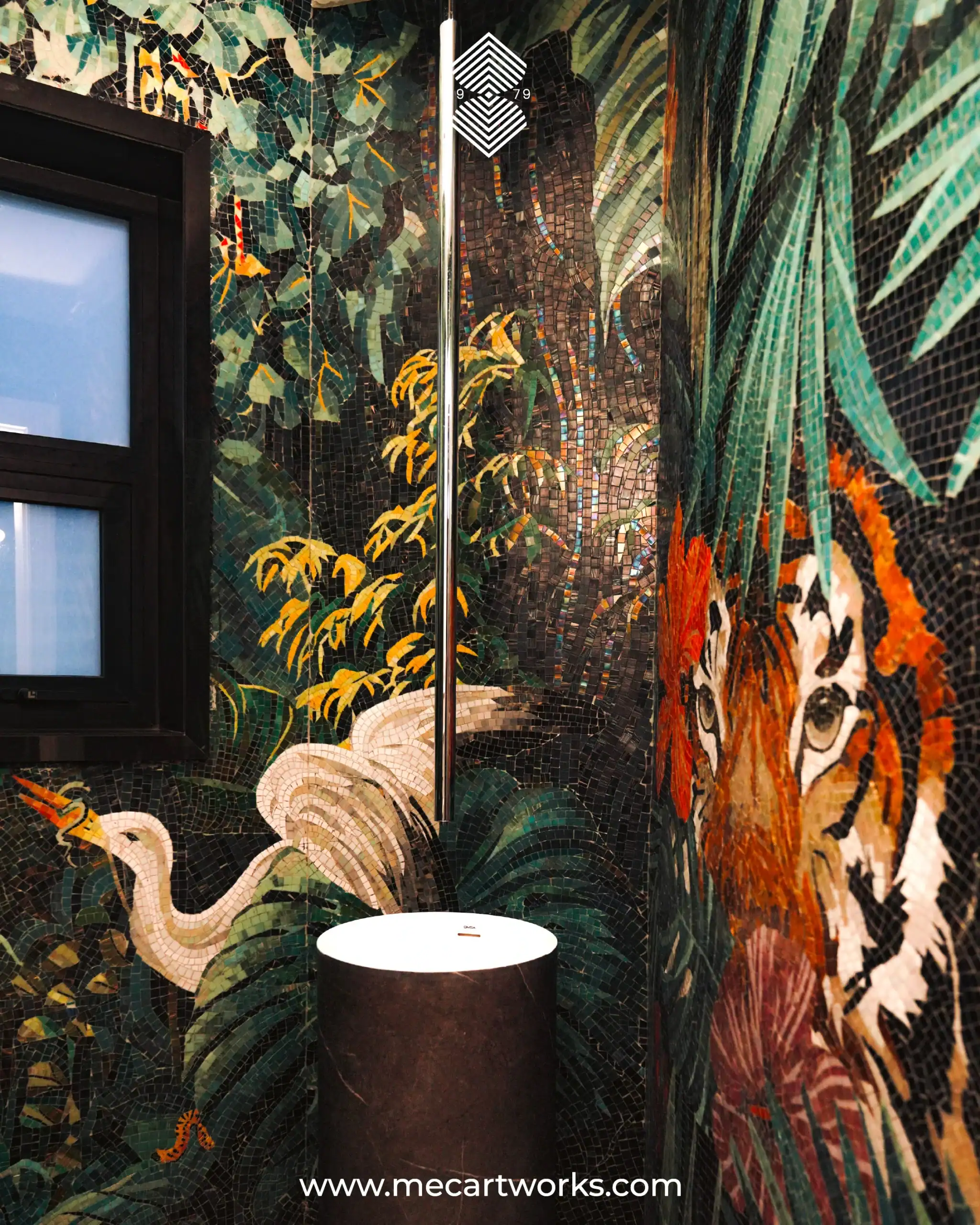 Emerald Jungle Tiger mosaic wall with tropical foliage, tiger, and birds in deep green tones for a luxury bathroom feature wall.