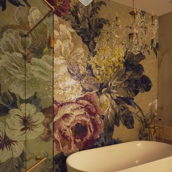 Floral Mosaic Bathroom Wall Art Design floral mosaic bathroom wall with glass and stone tiles, large flowers in soft neutral and pink tones, ideal for luxury interiors and spa spaces