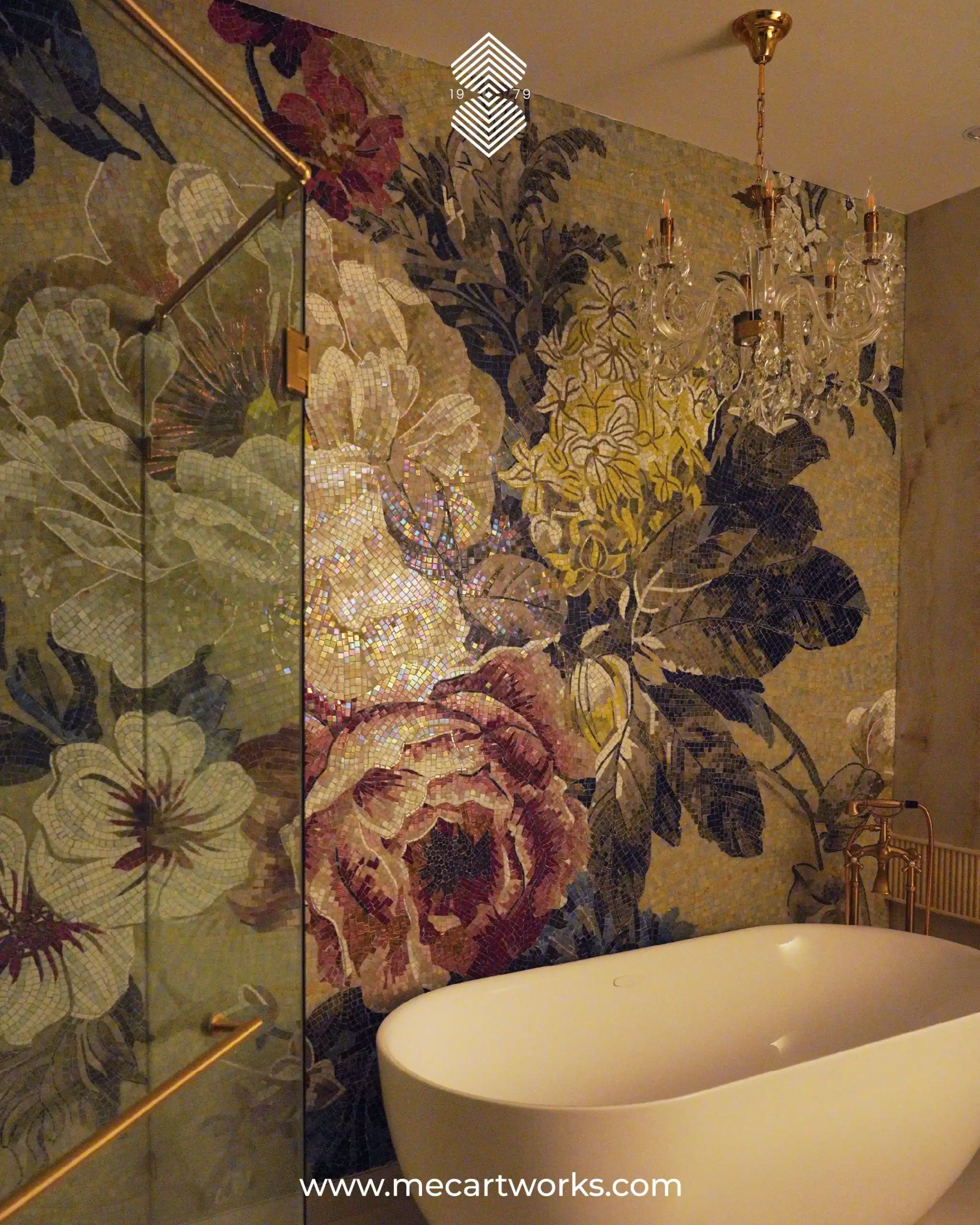 floral mosaic bathroom wall with glass and stone tiles, large flowers in soft neutral and pink tones, ideal for luxury interiors and spa spaces