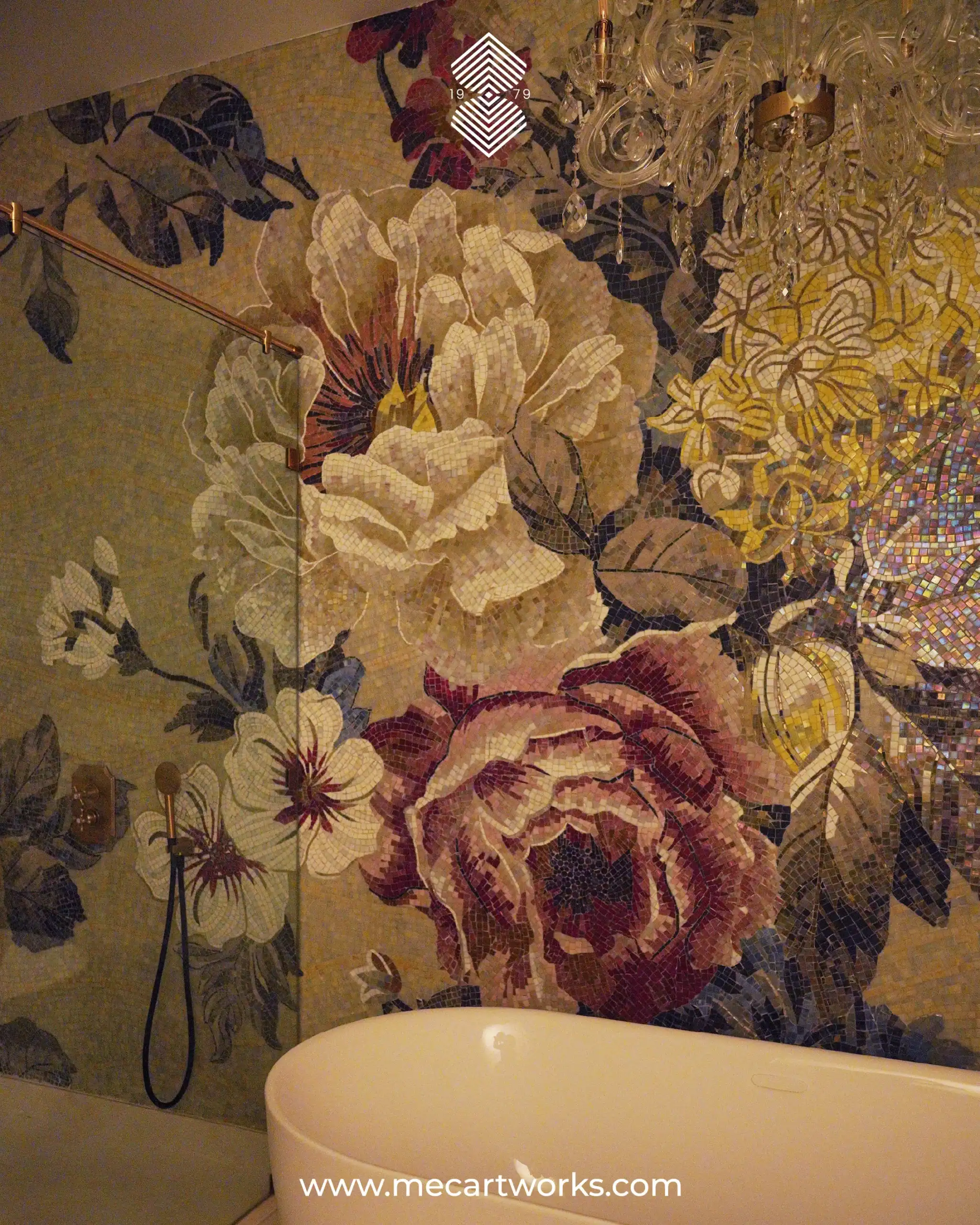 mosaic bathroom wall with glass and stone tiles, large flowers in soft neutral and pink tones