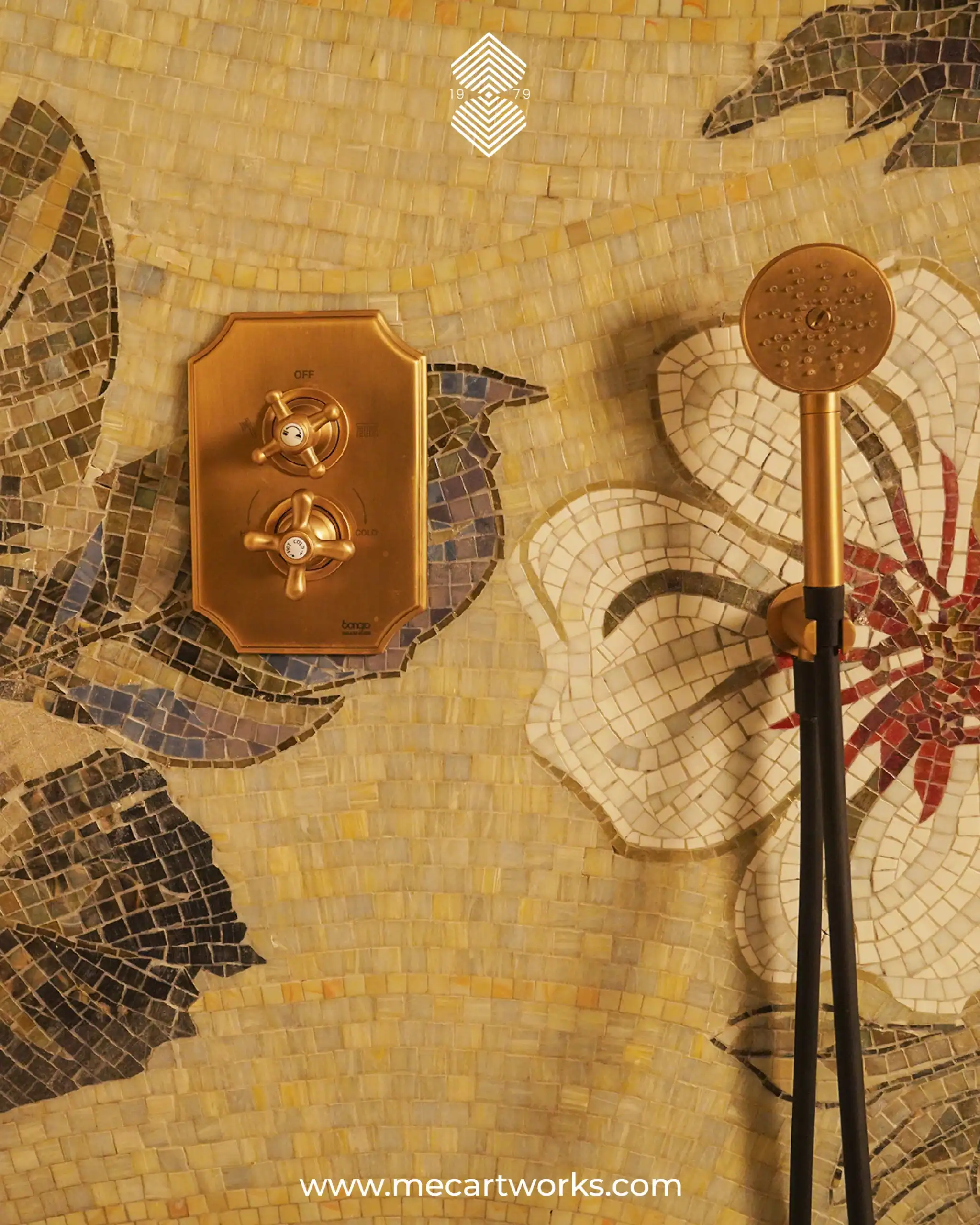 mosaic bathroom wall with glass and stone tiles, large flowers in soft neutral and pink tones, ideal for luxury interiors and spa spaces