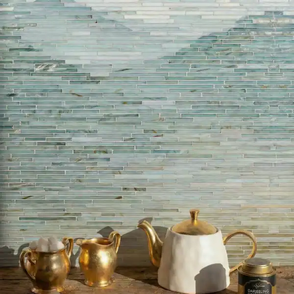Glass Strip Ombre Mosaic Kitchen Wall sea mist ombre mosaic wall with linear glass tiles in soft aqua and beige tones, ideal for kitchen backsplash, bathroom walls and modern interiors
