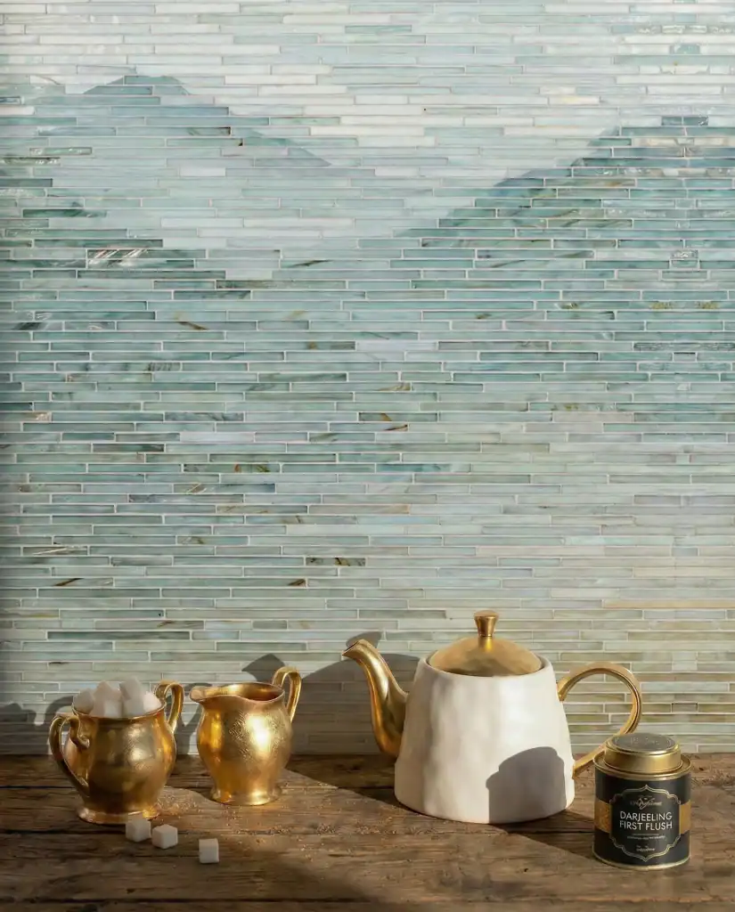 sea mist ombre mosaic wall with linear glass tiles in soft aqua and beige tones, ideal for kitchen backsplash, bathroom walls and modern interiors