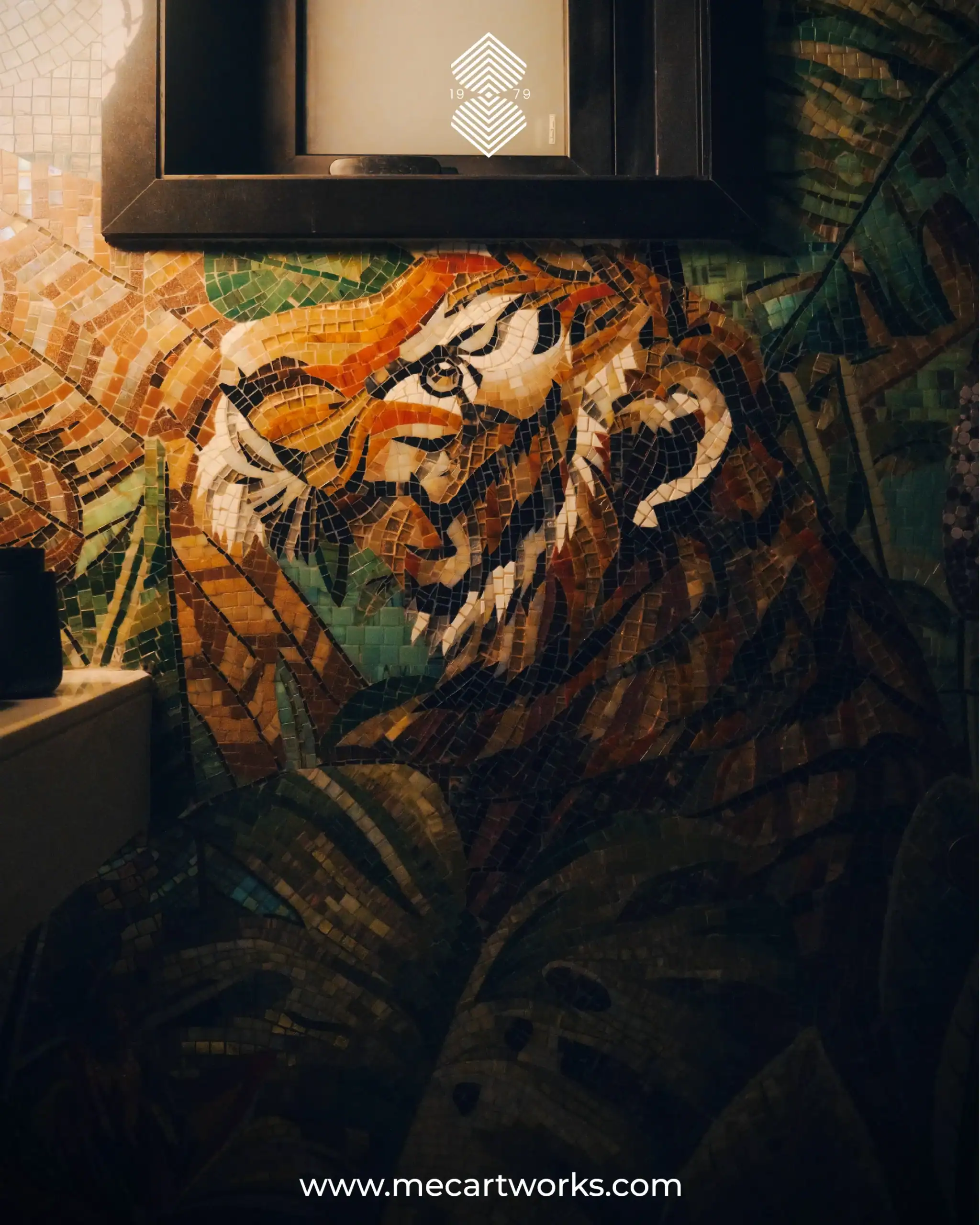 tiger mosaic wall art with jungle foliage, glass and stone tiles in orange, green and earthy tones, ideal for luxury interiors and feature walls