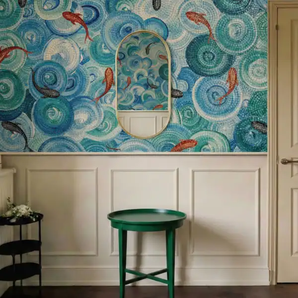 Koi Whirlpool Harmony Mosaic used as a bathroom feature wall with blue spiral mosaic pattern and coral koi detailing.