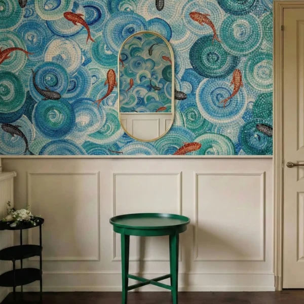 Koi Spiral Mosaic Wall Koi Whirlpool Harmony Mosaic used as a bathroom feature wall with blue spiral mosaic pattern and coral koi detailing.