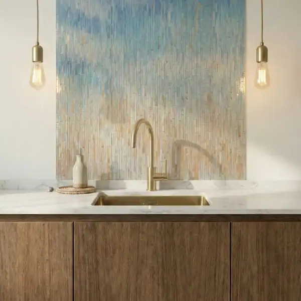 Luxury Ombre Glass Mosaic Backsplash coastal ombre mosaic wall with vertical glass tiles in blue and beige gradient, ideal for kitchen backsplash, bathroom walls and modern interiors