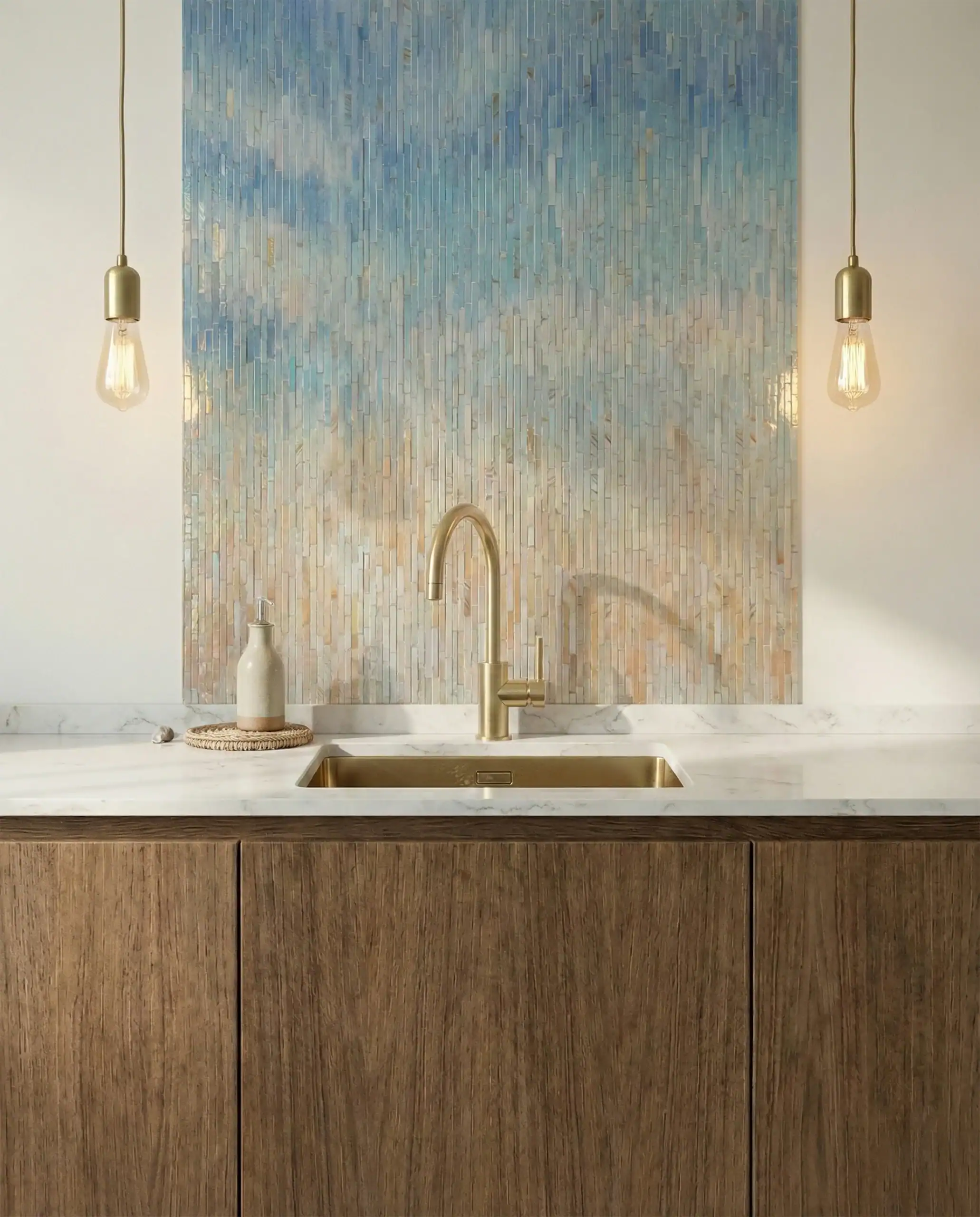 coastal ombre mosaic wall with vertical glass tiles in blue and beige gradient, ideal for kitchen backsplash, bathroom walls and modern interiors