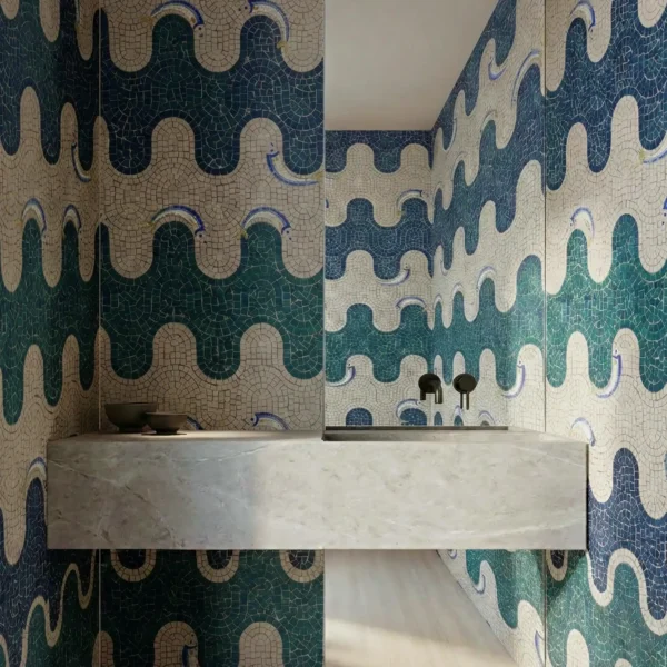 Marine Arch Mosaic Wall Emerald Marine Arch Mosaic bathroom walls with scalloped teal and ivory pattern wrapping around a modern stone vanity.