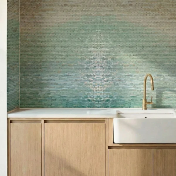 Mirage Linear Ombre Mosaic Backsplash Seafoam Horizon glass mosaic backsplash with aqua gradient tones paired with light wood cabinets and brass kitchen faucet.