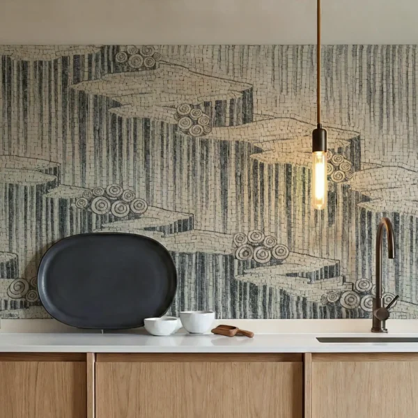Monochrome Linear Mosaic Backsplash monochrome cascade mosaic wall with grey linear tiles and abstract patterns, ideal for kitchen backsplash, modern interiors and minimalist spaces