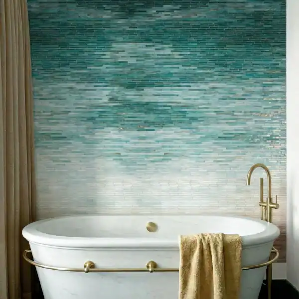 Ocean Ombre Mosaic Bathroom Wall ocean ombre mosaic wall with teal and aqua glass tiles in horizontal gradient, ideal for spa bathrooms, luxury interiors and modern coastal designs