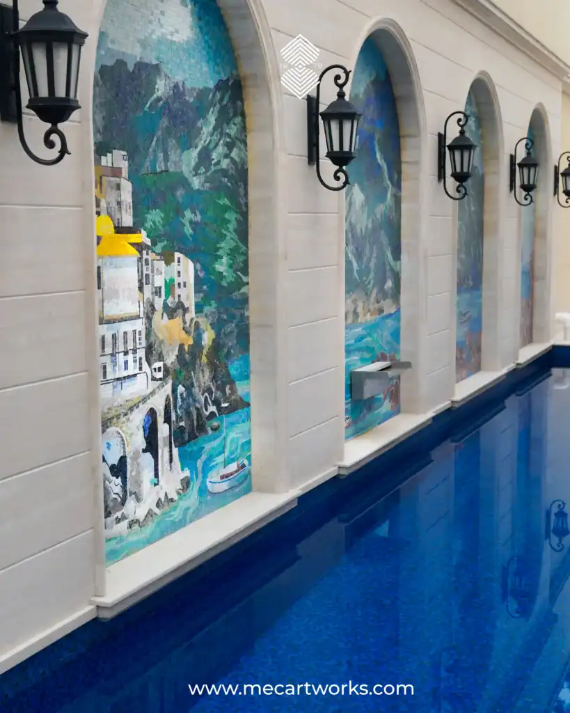 mosaic pool wall with arched niches and coastal landscape scenes, ideal for luxury villas, outdoor spaces and resort-style pool design