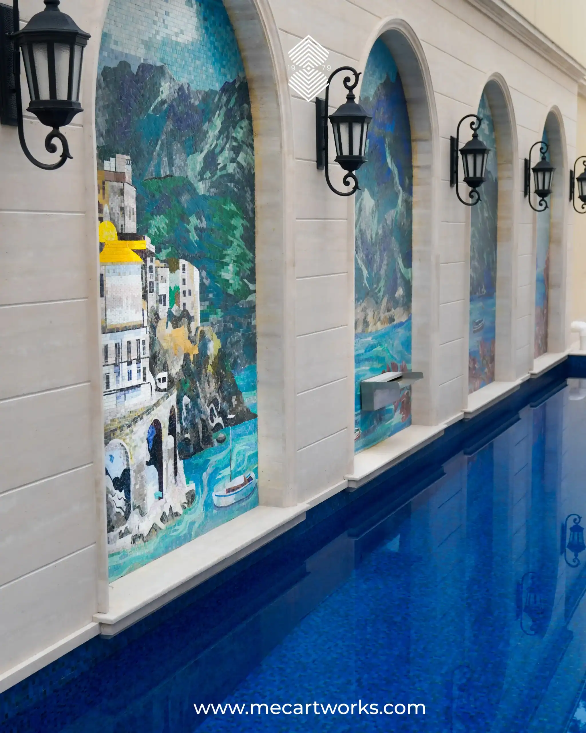 mosaic pool wall with arched niches and coastal landscape scenes, ideal for luxury villas, outdoor spaces and resort-style pool design