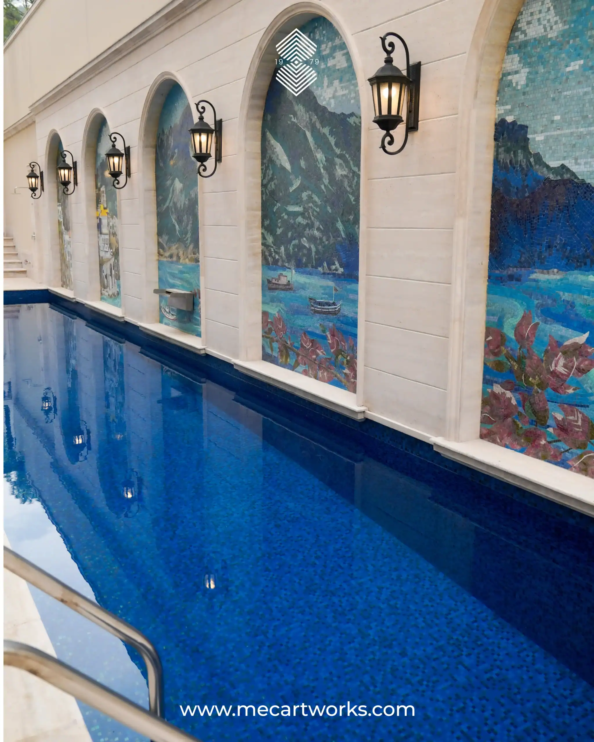 pool wall with arched niches and coastal landscape scenes, ideal for luxury villas