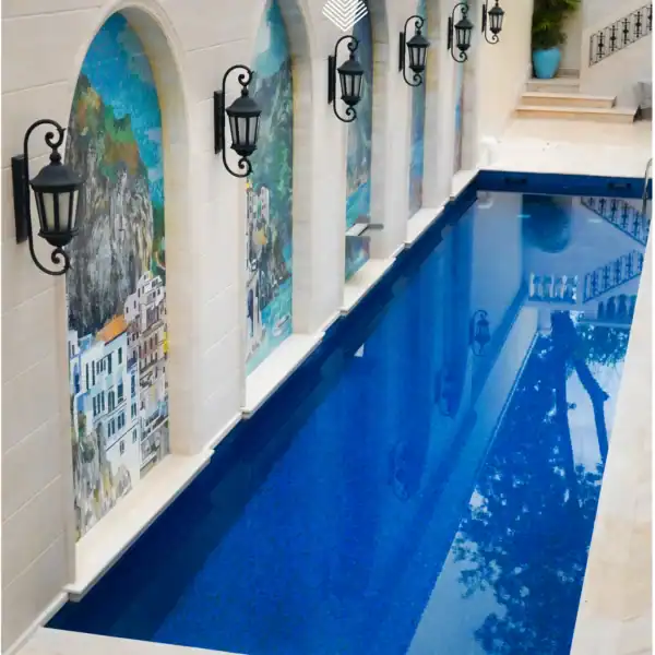 Scenic Coastal Mosaic Pool Wall Art Scenic Coastal mosaic pool wall with arched niches and coastal landscape scenes, ideal for luxury villas, outdoor spaces and resort-style pool design