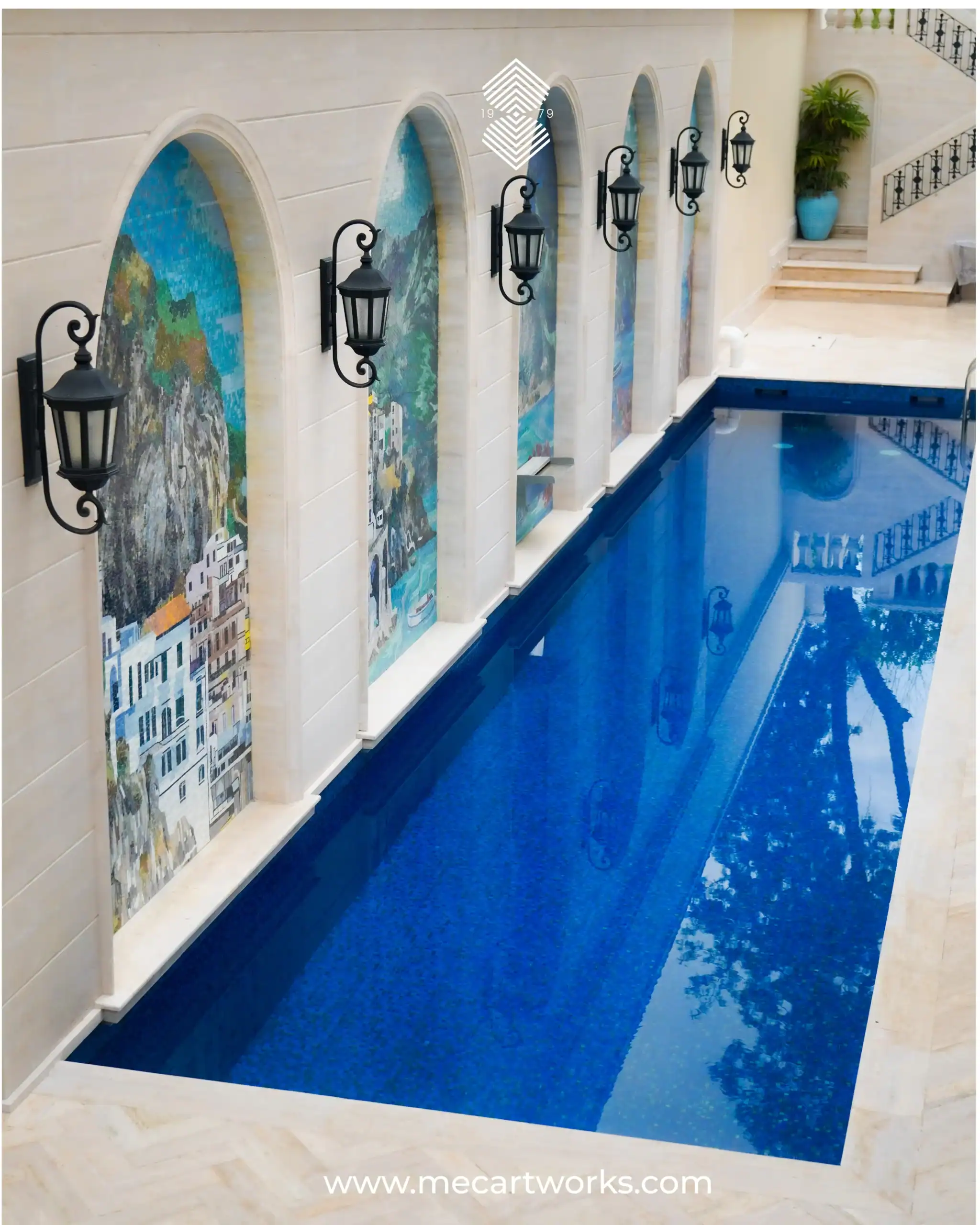 Scenic Coastal mosaic pool wall with arched niches and coastal landscape scenes, ideal for luxury villas, outdoor spaces and resort-style pool design