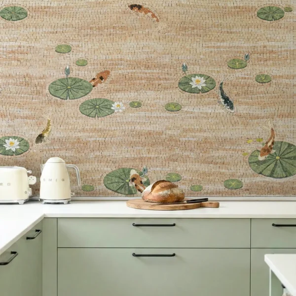 Serene Water Garden Mosaic Backsplash lily pond mosaic backsplash with koi fish, green lily pads and floral details in natural tones, ideal for kitchen walls and serene interior designs