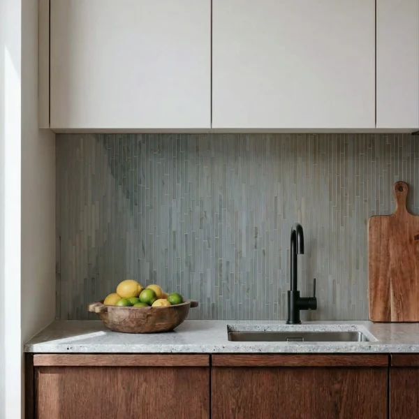 Soft Sage Ombre Mosaic Backsplash Sage vertical linear glass mosaic kitchen backsplash paired with warm wood cabinets, stone countertop, and matte black faucet.