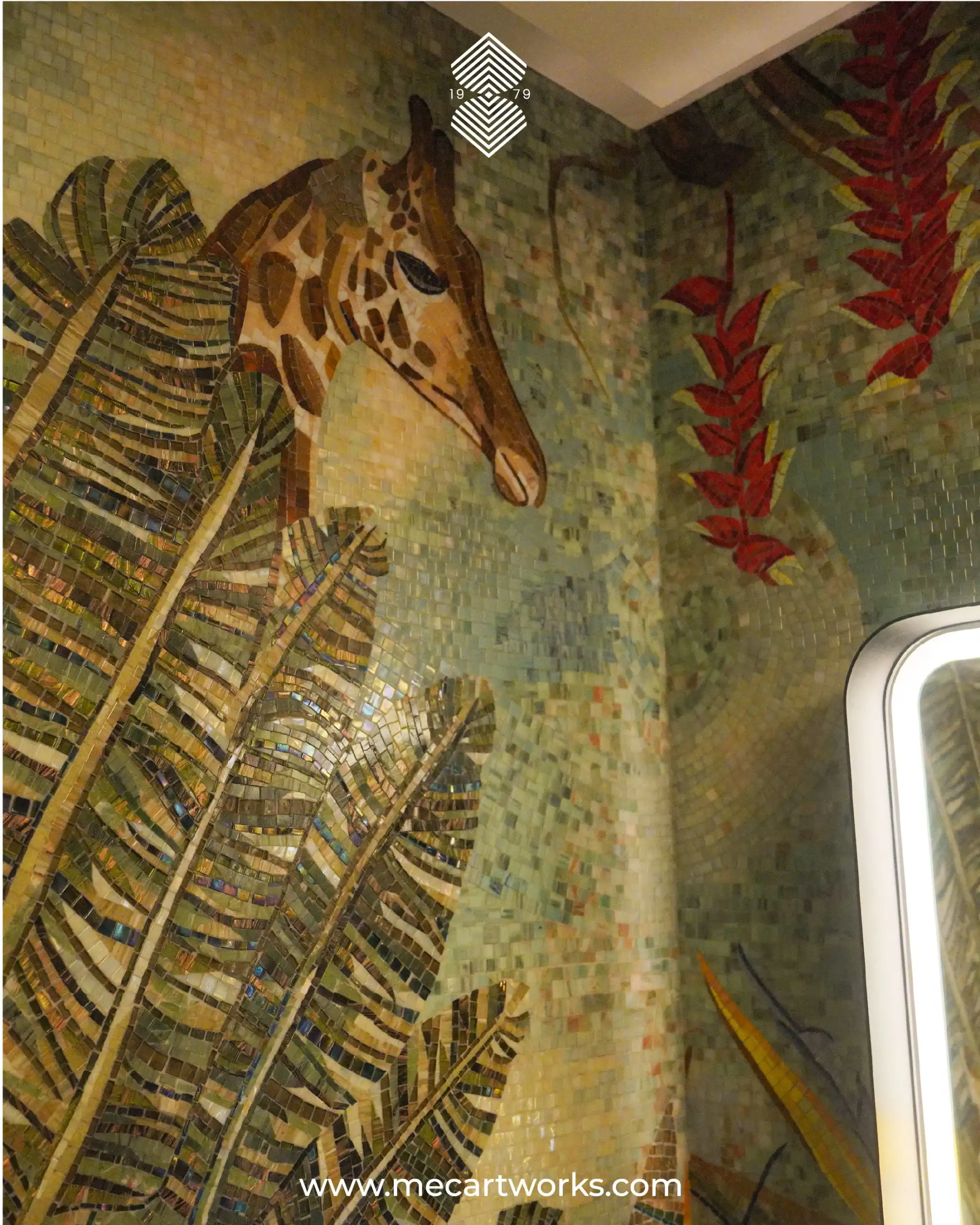 Giraffe jungle mosaic wall with tropical leaves and warm green tones for luxury bathroom or feature wall design.