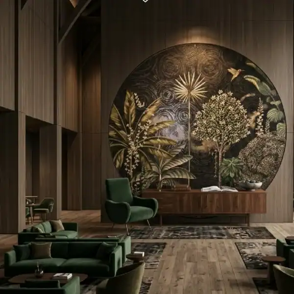 Large circular botanical mosaic wall titled The Hidden Jungle with tropical plants, birds, and rich green tones in a luxury interior space.