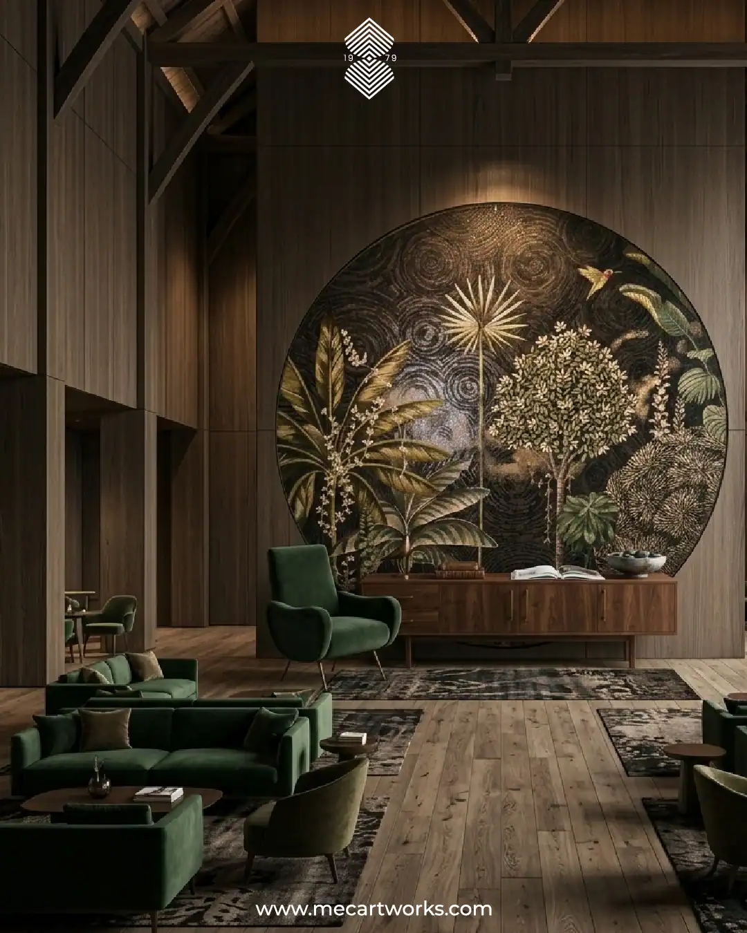 Large circular botanical mosaic wall titled The Hidden Jungle with tropical plants, birds, and rich green tones in a luxury interior space.