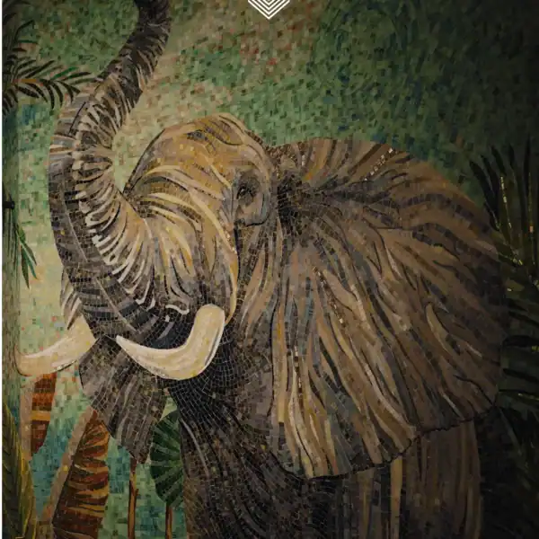The Regal Elephant in Jungle Light Regnal elephant in jungle light mosaic wall with detailed textures and green background for luxury bathroom or spa feature design.