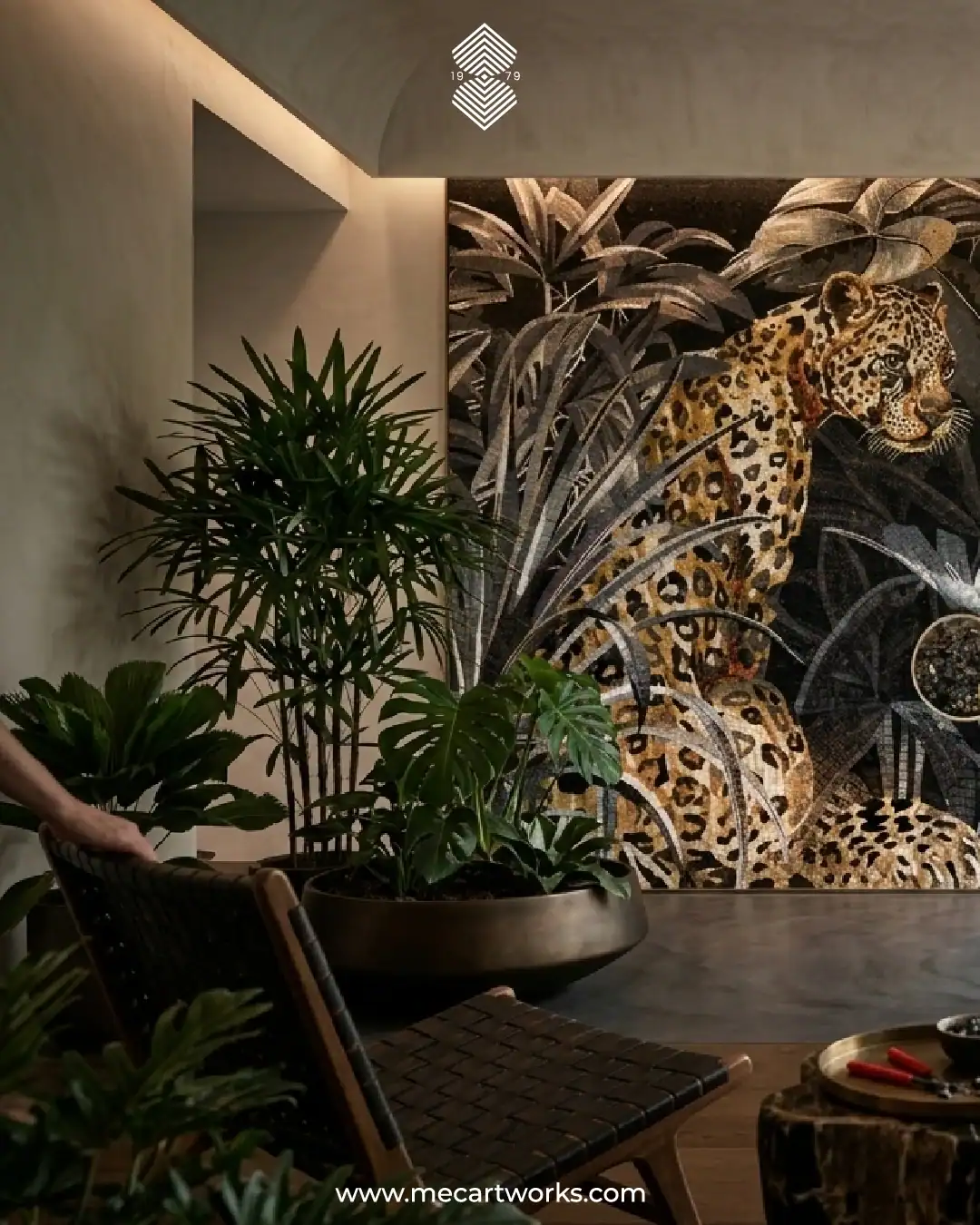 Silent Watch mosaic wall featuring a leopard surrounded by tropical leaves in a dramatic jungle-inspired luxury interior.