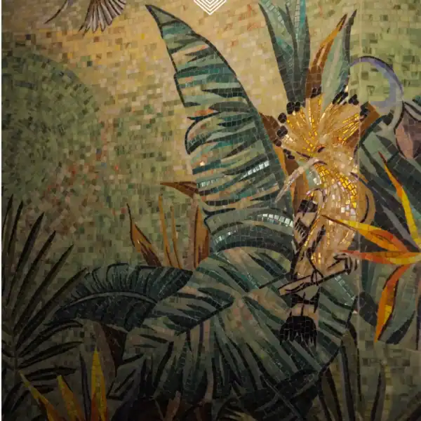 Tropical Bird Mosaic Wall Art tropical bird mosaic wall with green foliage, glass stone tiles and golden floral accents, ideal for luxury interiors and spa spaces