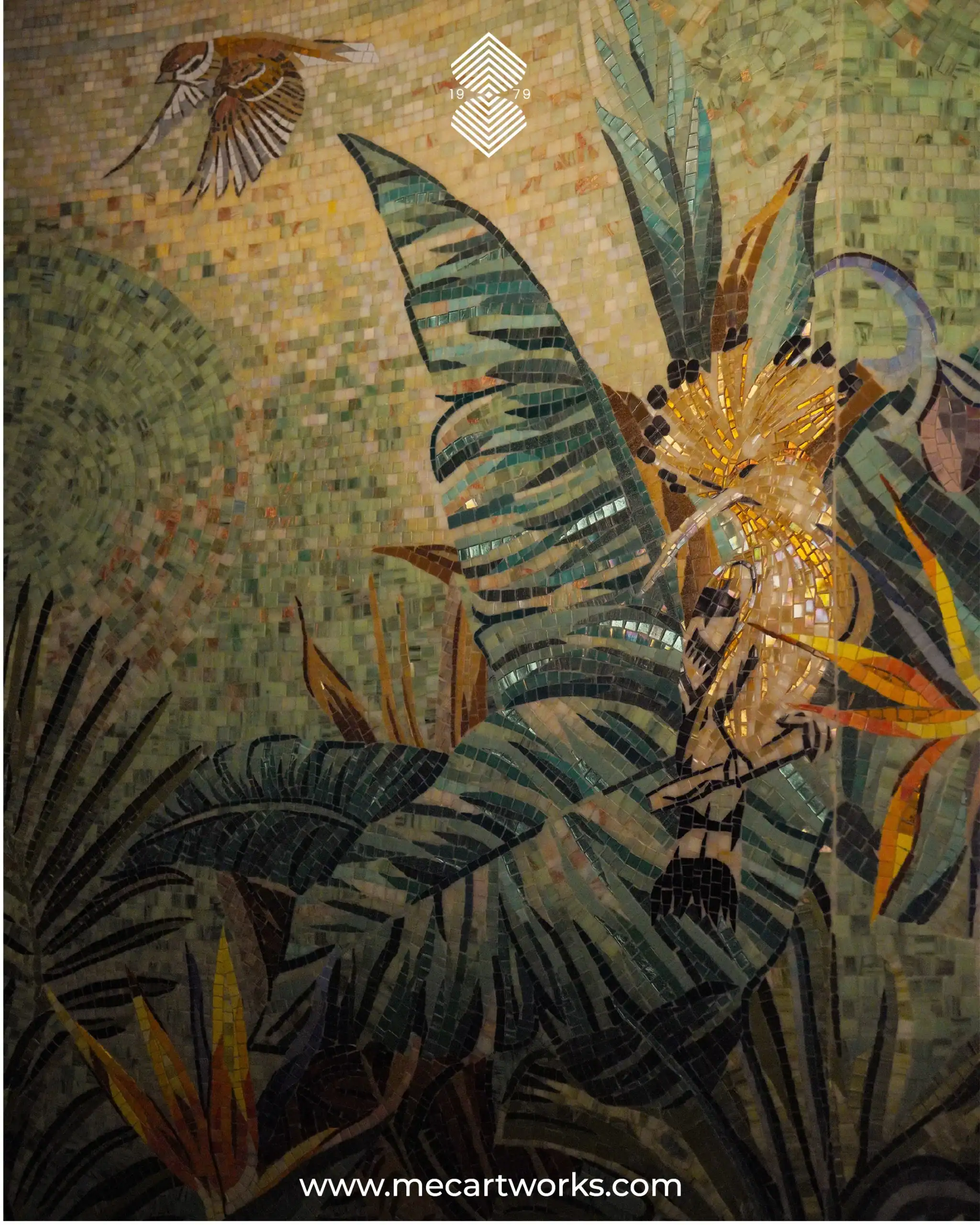 tropical bird mosaic wall with green foliage, glass stone tiles and golden floral accents, ideal for luxury interiors and spa spaces