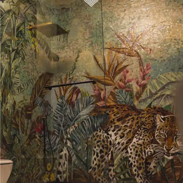 Verdant Jungle Leopard Mosaic Leopard jungle mosaic wall with tropical foliage and warm golden tones for luxury shower or bathroom feature design.