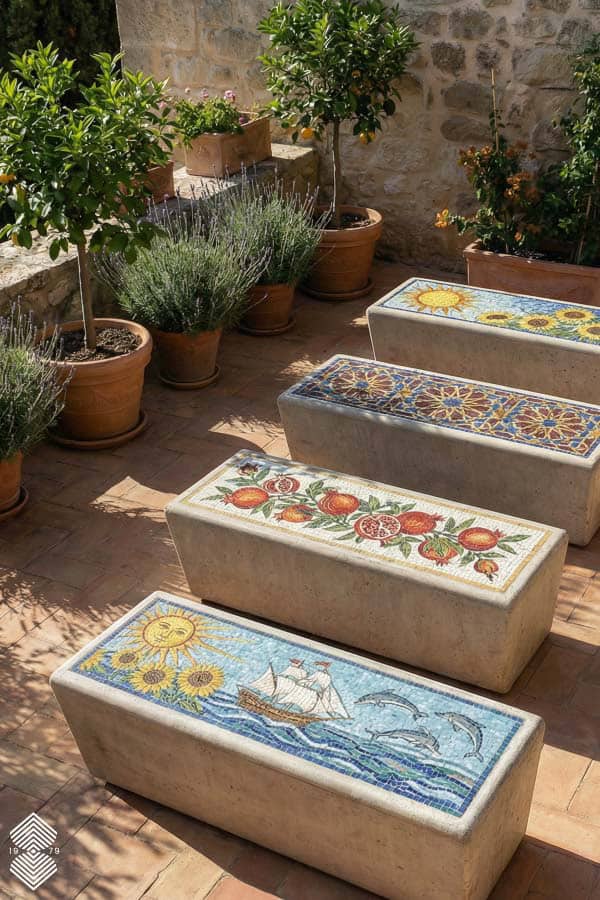 Benches displaying several tile art trends in 2026