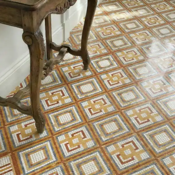 Andamento Axiom geometric mosaic floor with vintage pattern in warm tones, elegant tile flooring design for luxury interiors and classic architectural spaces