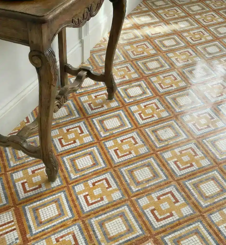 geometric mosaic floor with vintage pattern in warm tones, elegant tile flooring design for luxury interiors and classic architectural spaces